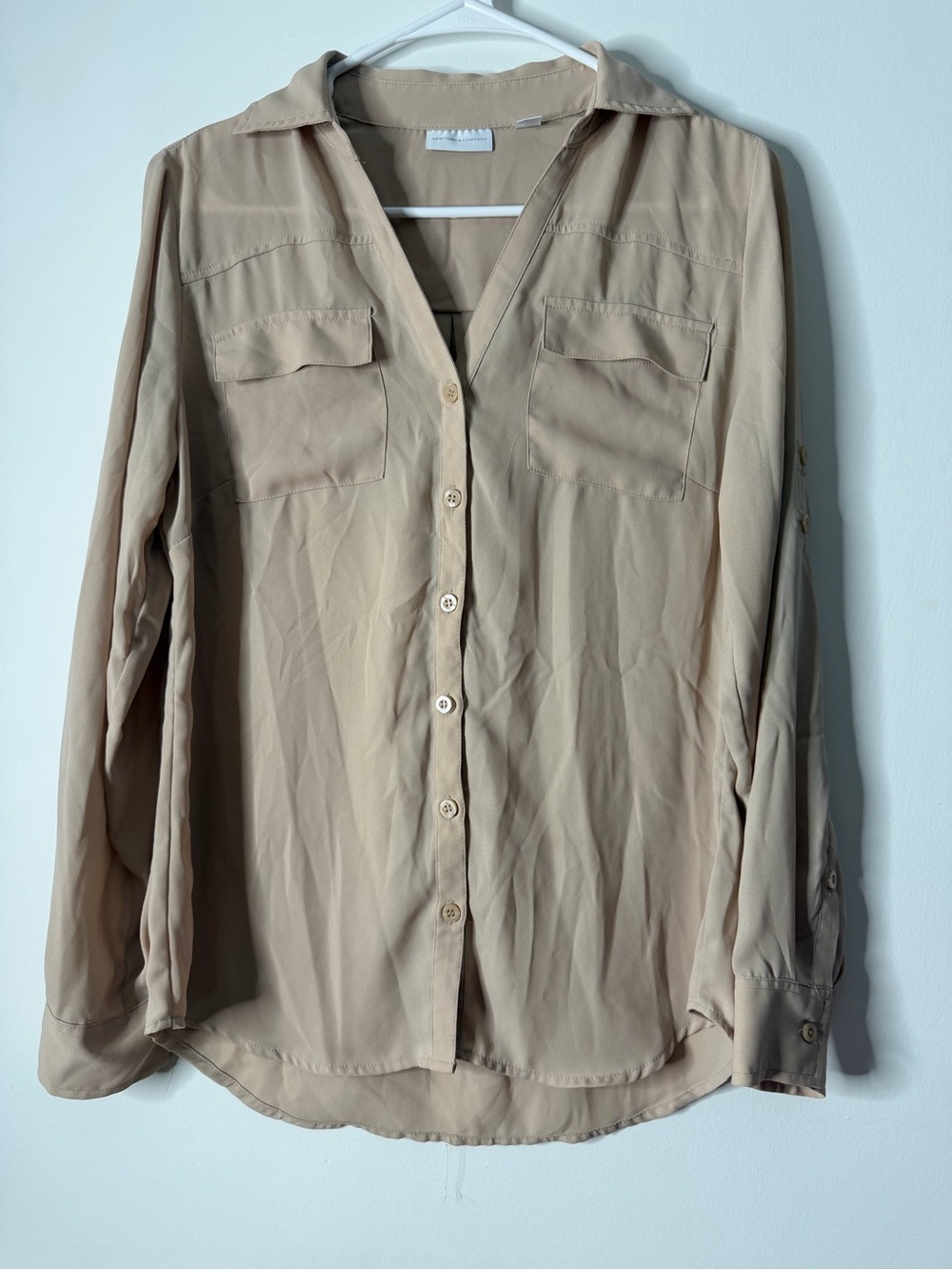 New York & Company Beige Button-Front Long-Sleeve Shirt